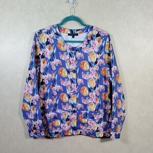 2/$10 04119 Chadwicks blue floral stretch cotton button front jacket L